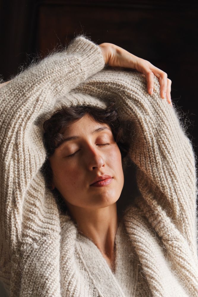 ANNA V-Neck Cardigan in Merino-Mohair Wool - Beige -100% cruelty free merino wool - Spanish Merino Wool Cardigan - L'Envers