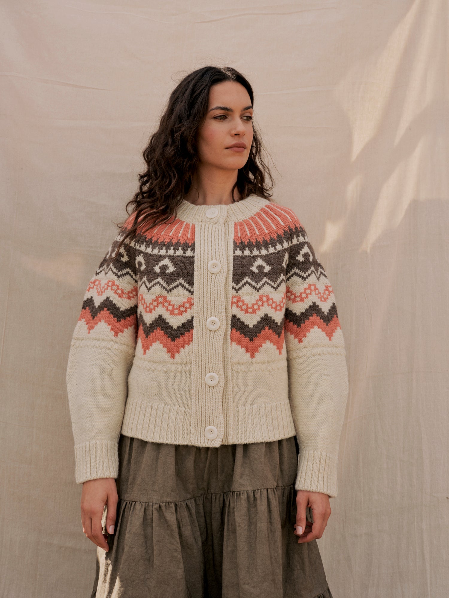 Fleetwood Cardigan in Ecru with Shrimp & Loam
