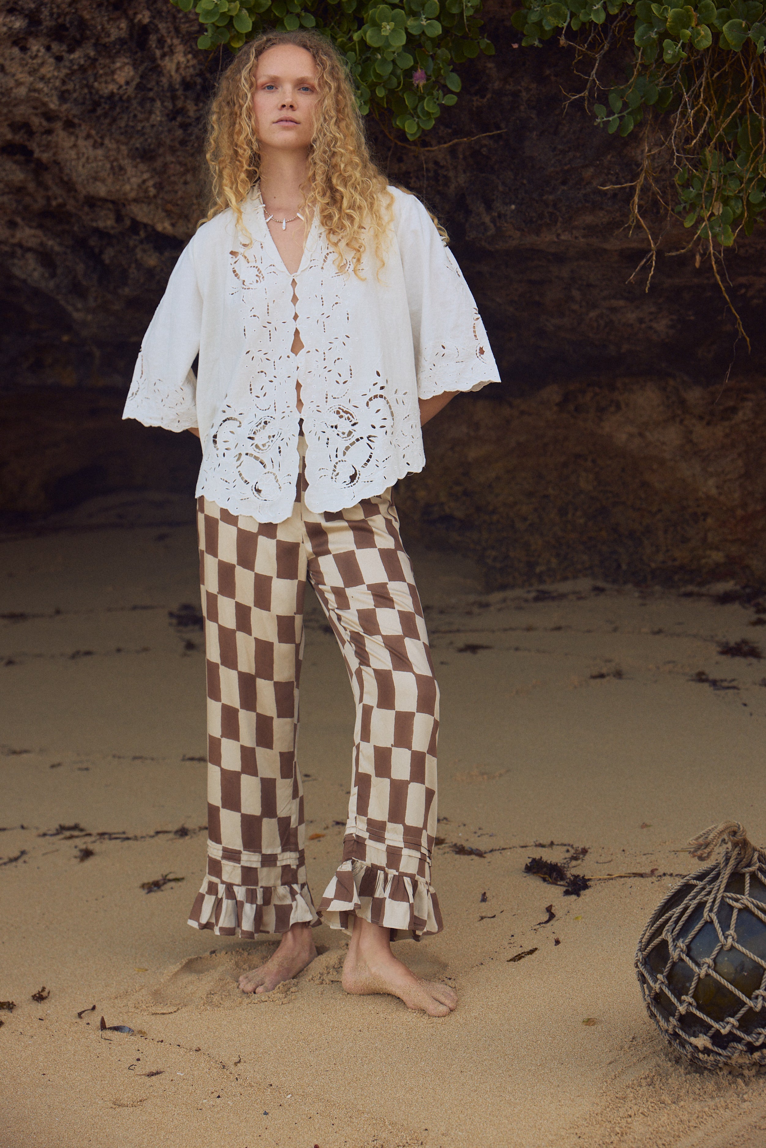 Frill hem pants - block print mocha