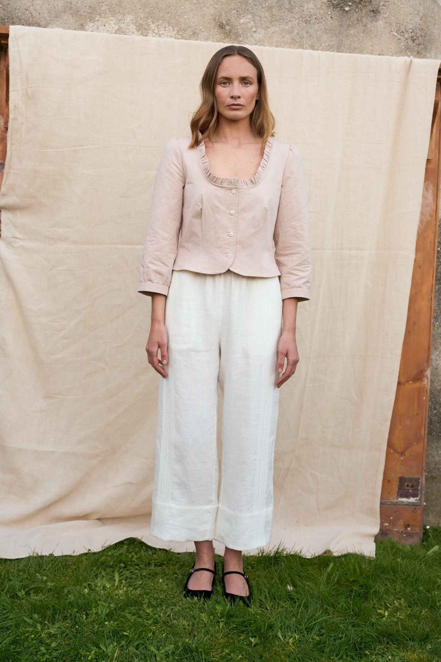 Bramley Trousers in Pearl Linen & English Lace
