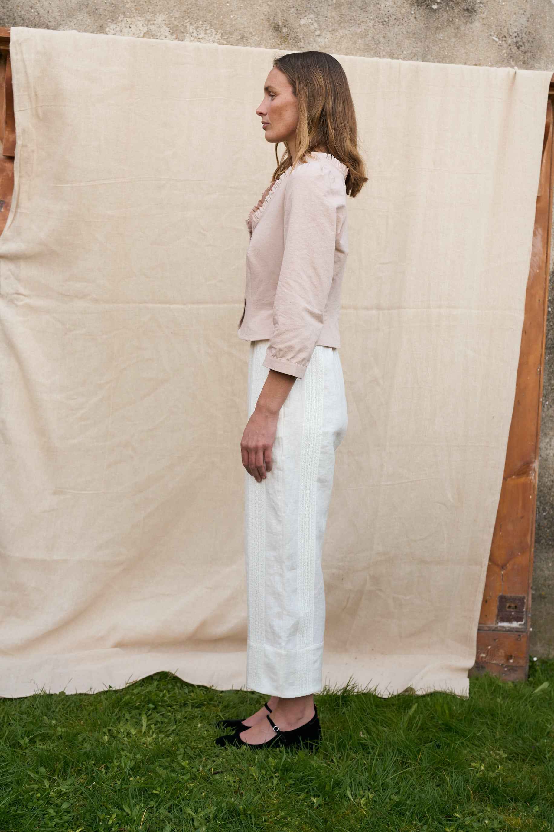 Bramley Trousers in Pearl Linen & English Lace