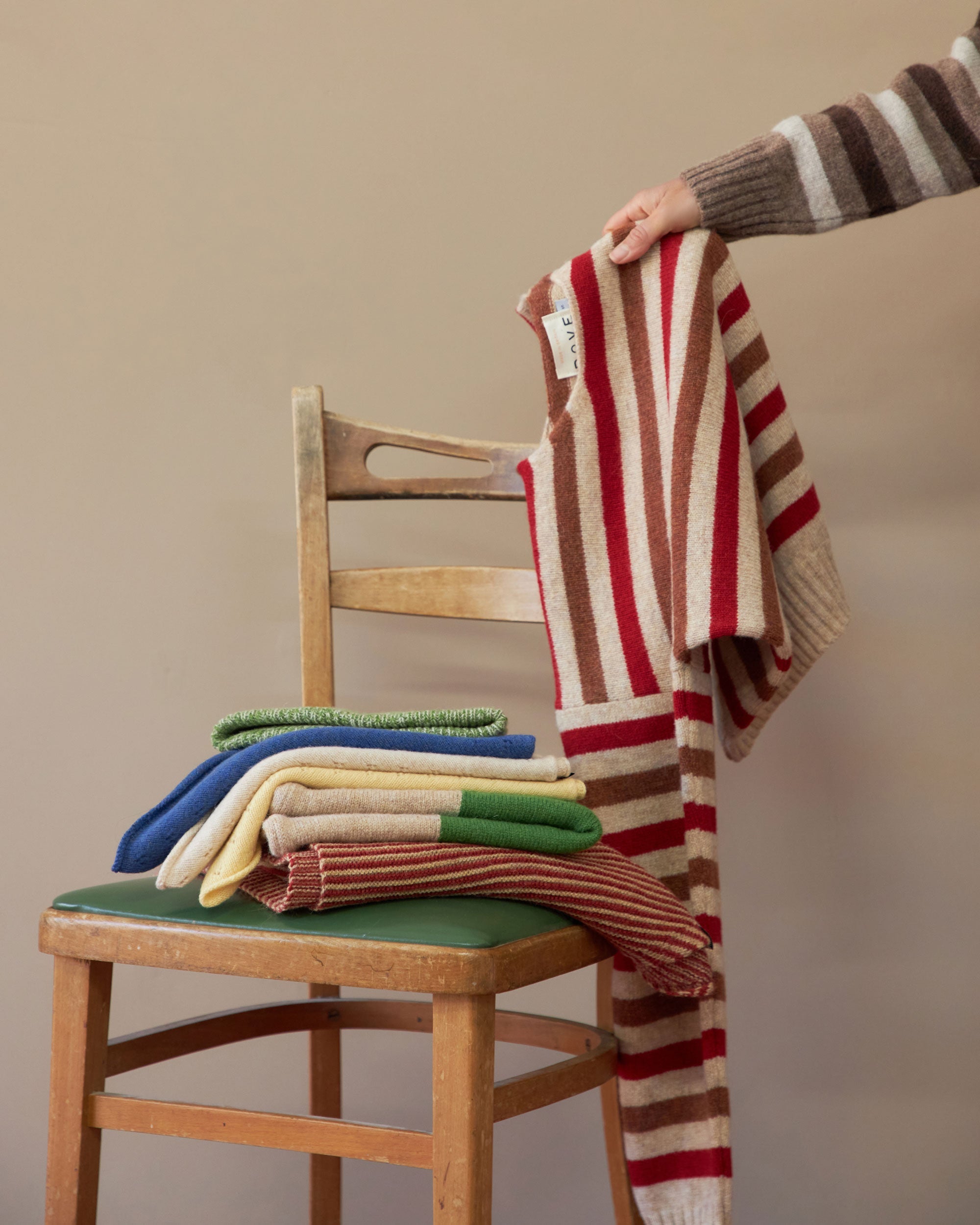 Womens lambswool crew neck knitted striped sweater in cream and red made in the UK by ROVE