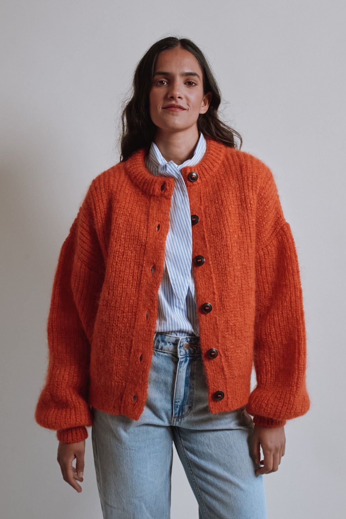 DIANA Balloon-Sleeve Cardigan in Mohair Wool - Burnt Orange