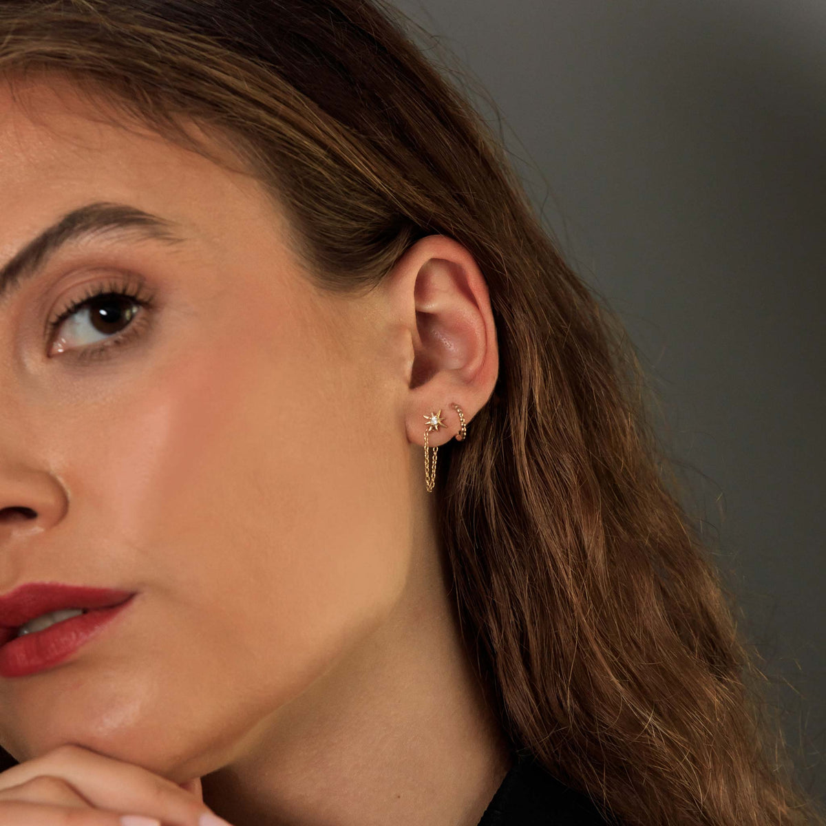 White Topaz Vega Star Chain Stud Earrings