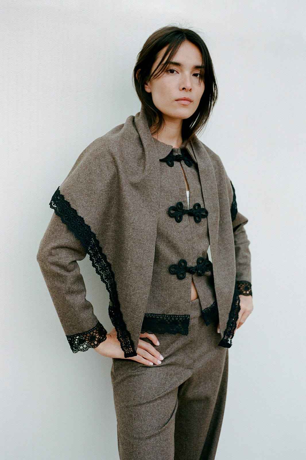 Felted Wool Triangle Scarf with lace in mocha