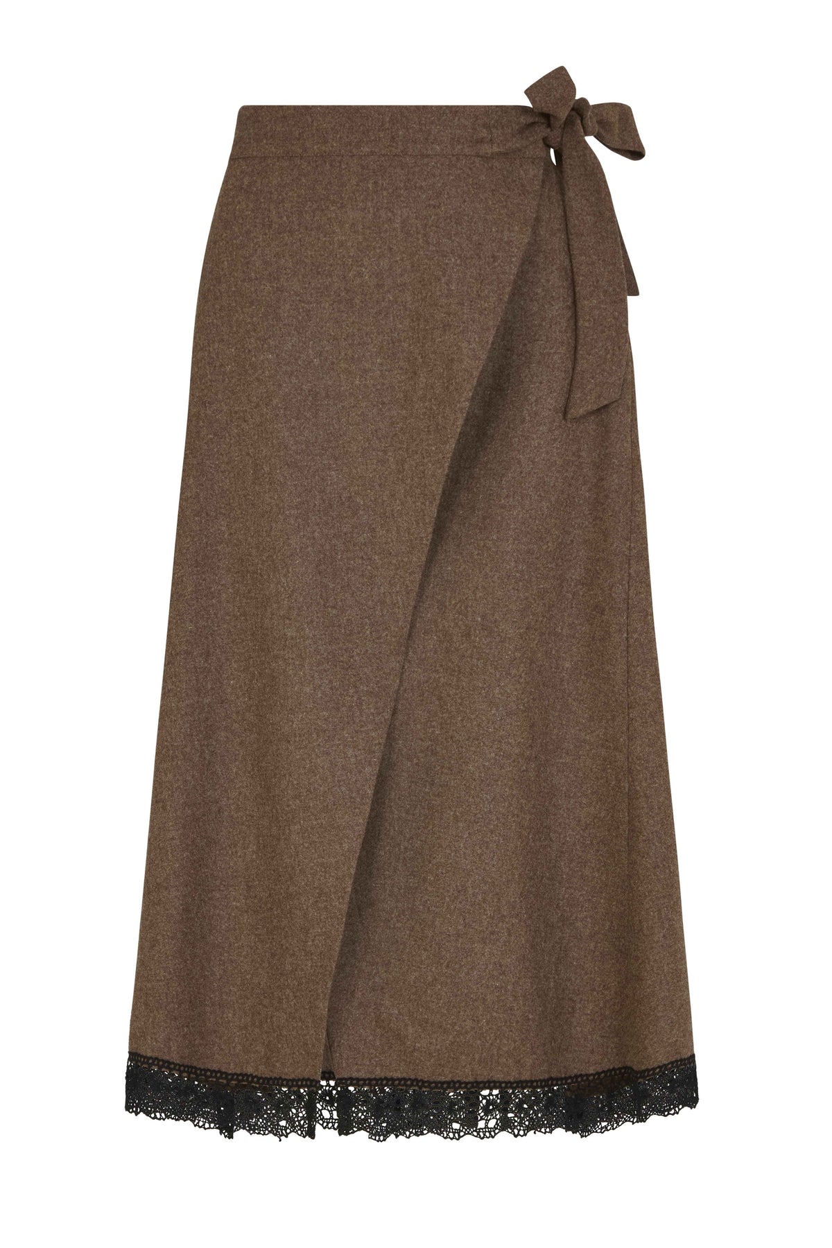 The Zoe Wool Wrap Skirt with lace trim in mocha