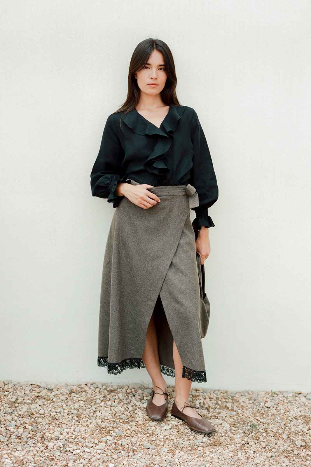 The Zoe Wool Wrap Skirt with lace trim in mocha