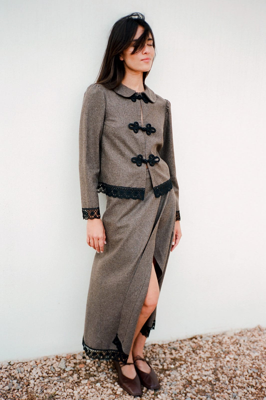 The Zoe Wool Wrap Skirt with lace trim in mocha