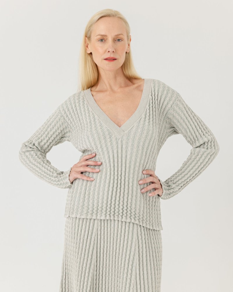 Žemės & Vagos: Sky Blue V - neck Sweater & A - line Skirt Set