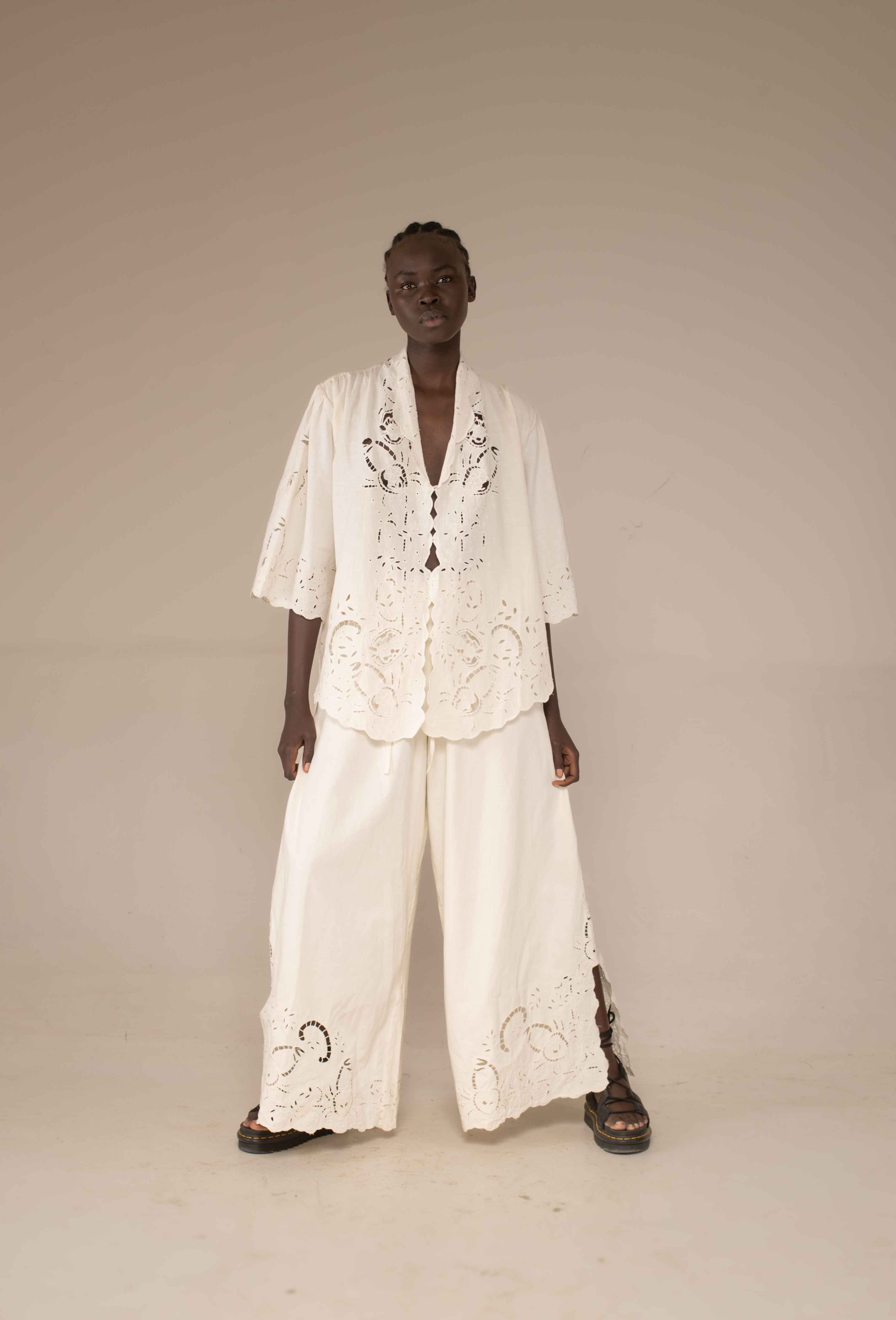 Wide leg pants- Crab cut out embroidery