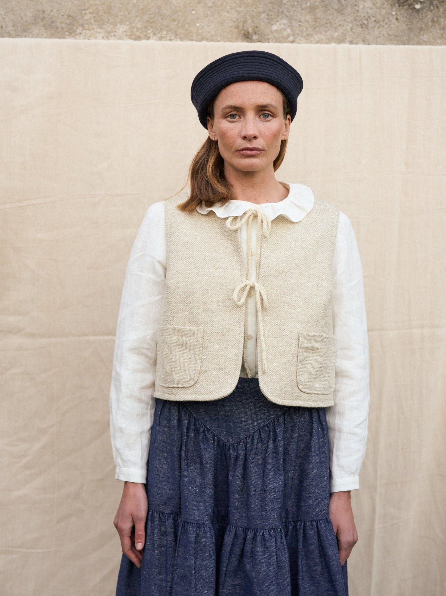 Blakeney Gilet in Ecru Herringbone