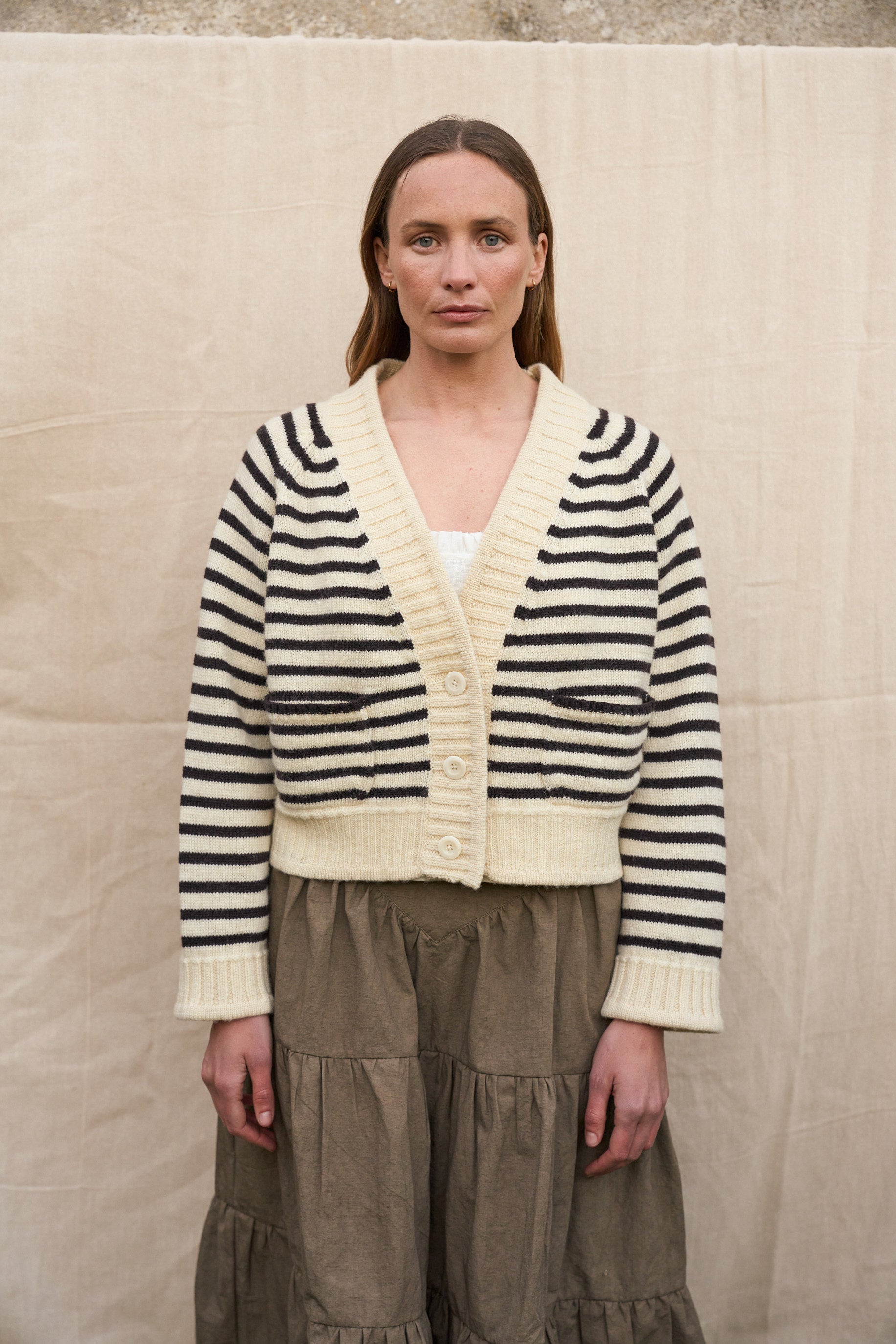 Ingleton Crop Cardigan in Ecru & Dark Chocolate