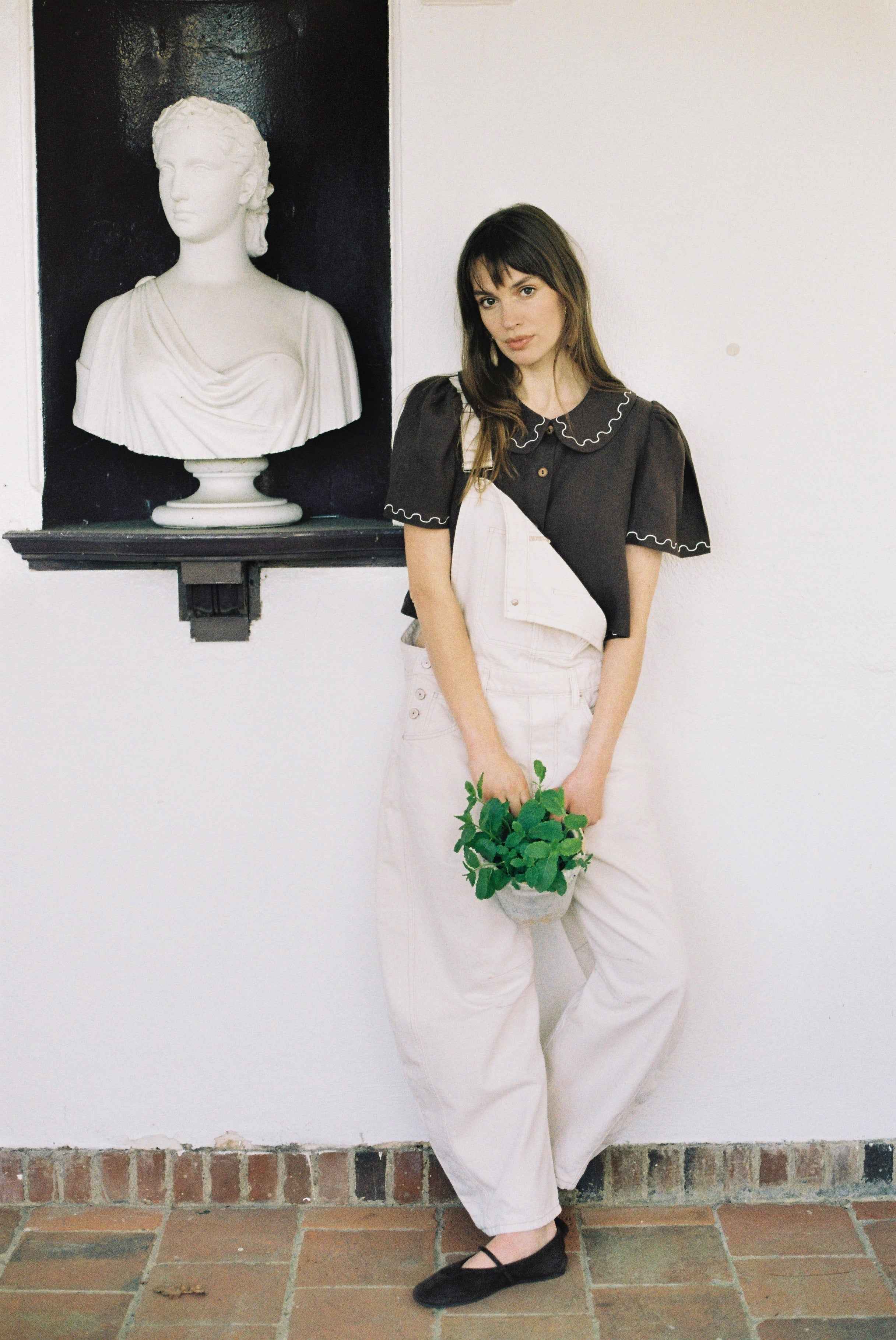 Frances Linen Cropped Blouse with Embroidered Trims  - Chocolate