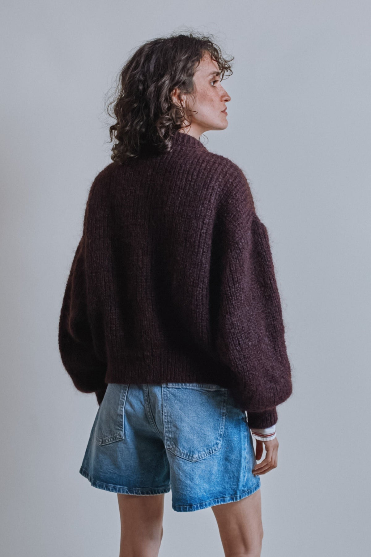 DIANA Balloon-Sleeve Cardigan in Mohair Wool - Plum