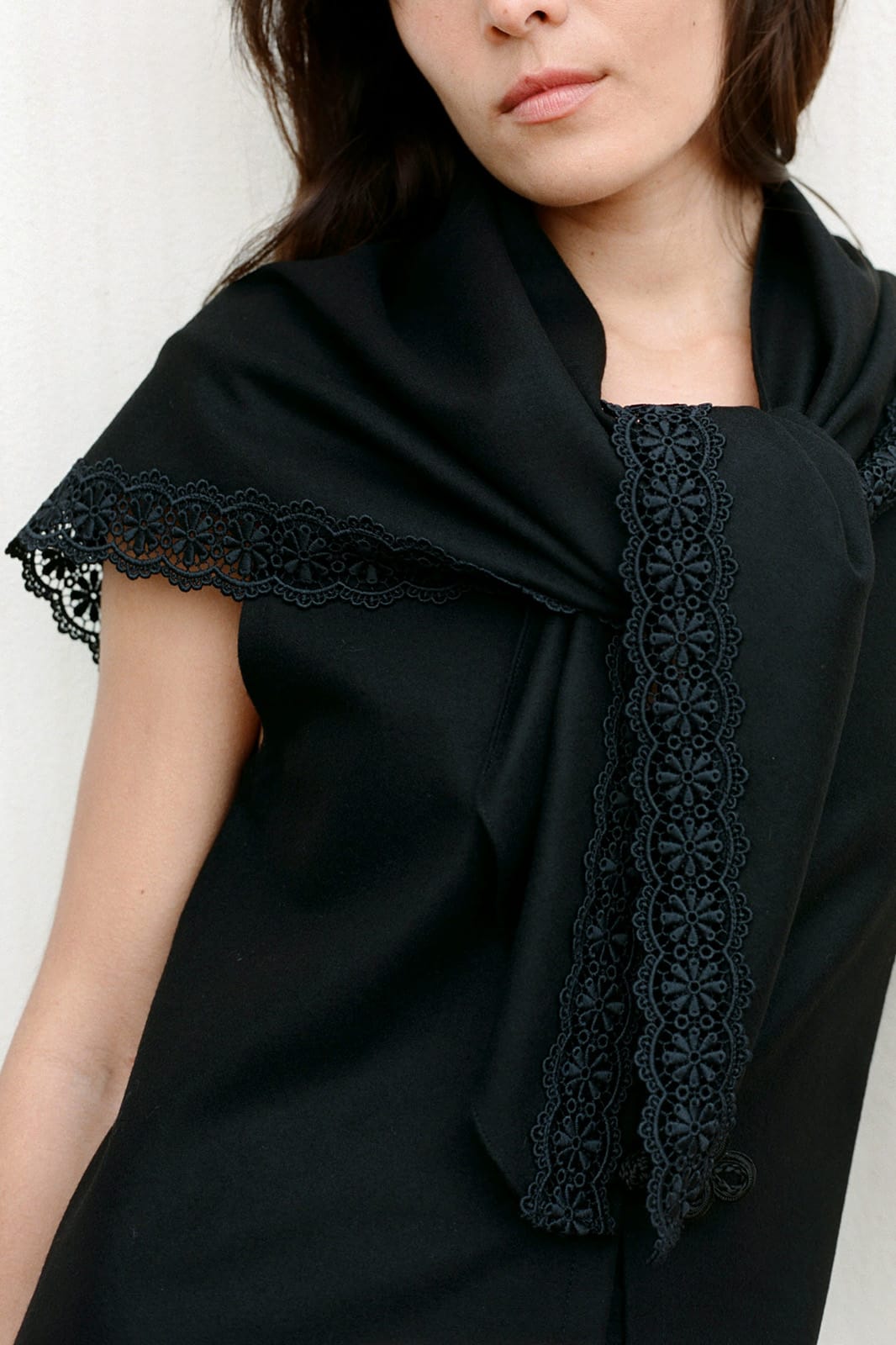Felted Wool Triangle Scarf with lace in black