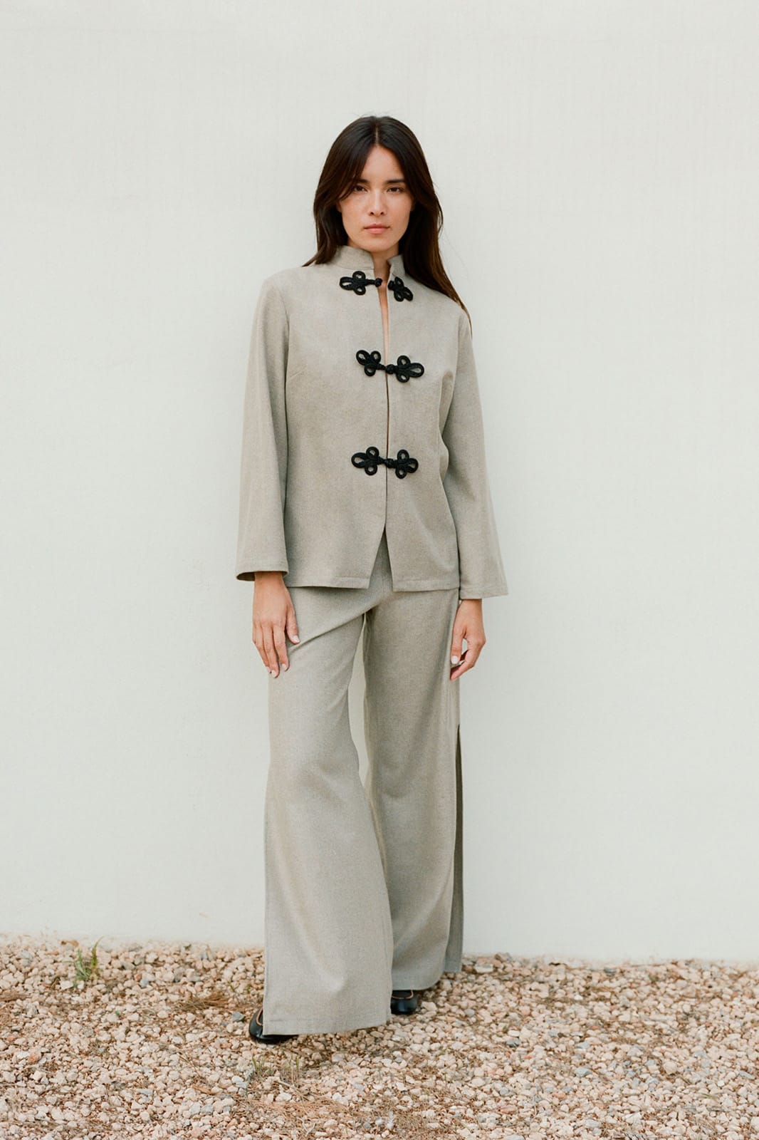 The Wilma Stand-Up Collar Wool Overshirt in beige