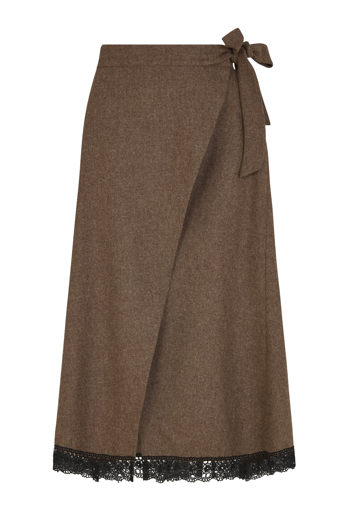The Zoe Wool Wrap Skirt with lace trim in mocha