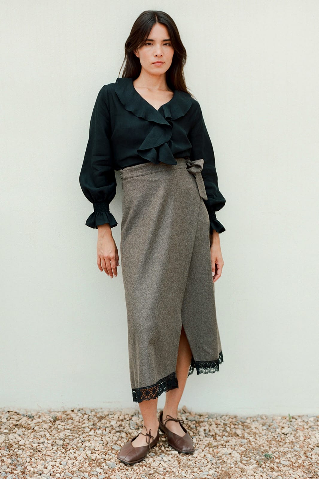 The Zoe Wool Wrap Skirt with lace trim in mocha